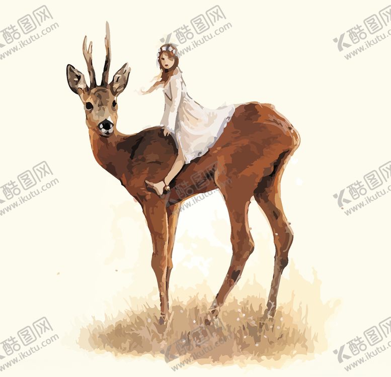 编号：18192110021338466702【酷图网】源文件下载-女孩麋鹿水彩矢量插画