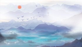 水墨山水大雁太阳背景墙