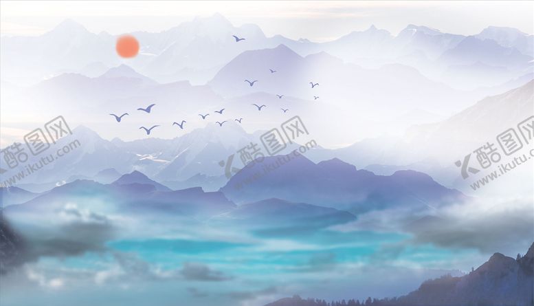 编号：55785605090137267887【酷图网】源文件下载-水墨山水大雁太阳背景墙