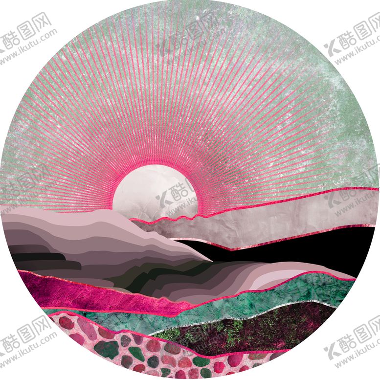 编号：51372009180215106251【酷图网】源文件下载-水彩山脉日出圆形挂画装饰画