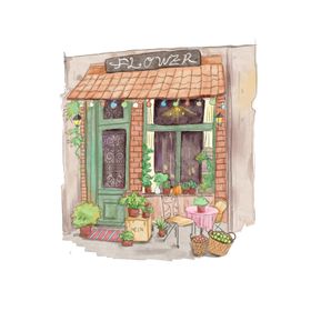 水彩风老城区建筑水彩店铺门面