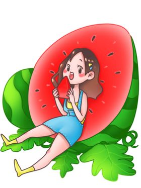 夏天吃西瓜的女孩插画