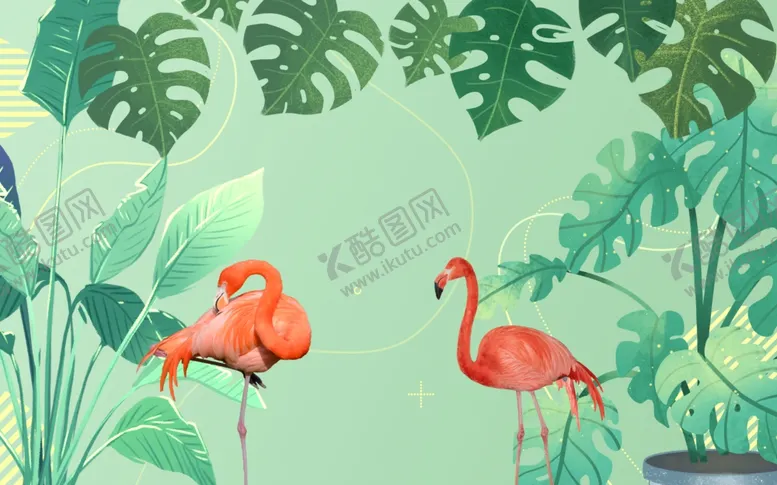 编号：39054612241344294758【酷图网】源文件下载-植物叶子火烈鸟背景墙