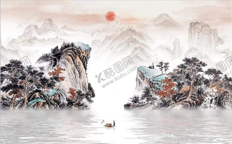 编号：78878501290901541098【酷图网】源文件下载-中式青绿山水国画电视背景墙