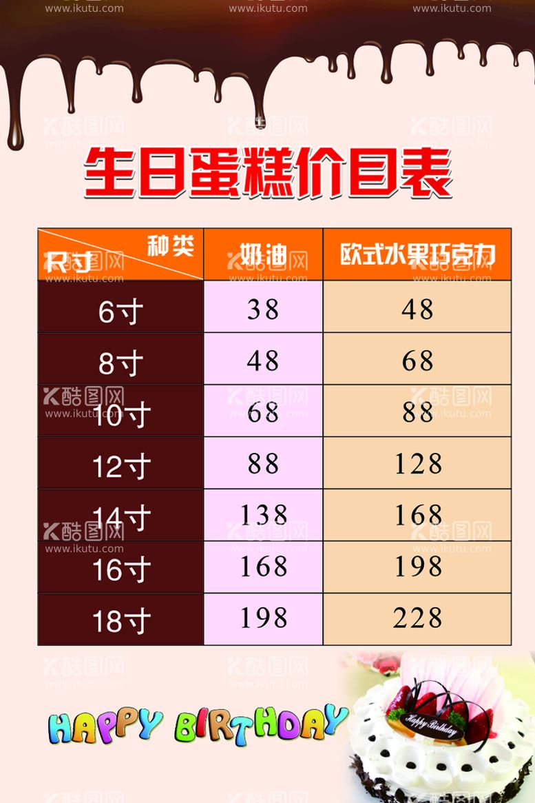 编号：36545012220448043388【酷图网】源文件下载-生日蛋糕价目表