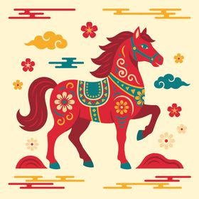 中式花纹红马吉祥插画