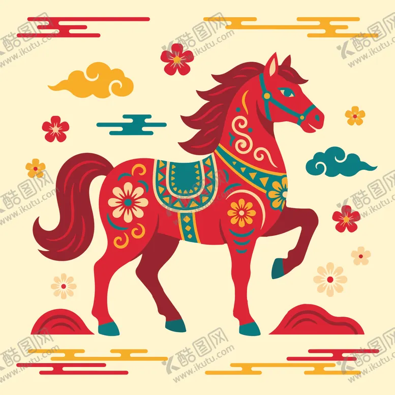 编号：97053204021022484983【酷图网】源文件下载-中式花纹红马吉祥插画