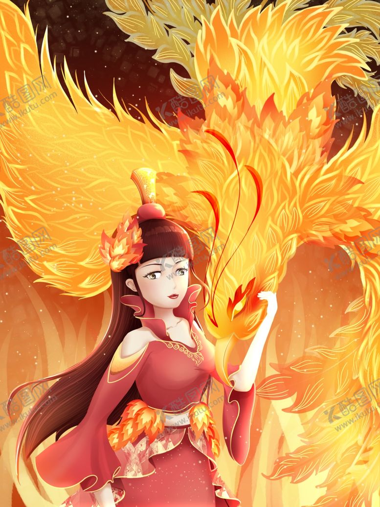 编号：90564606301256369512【酷图网】源文件下载-上古神兽美女凤凰插画