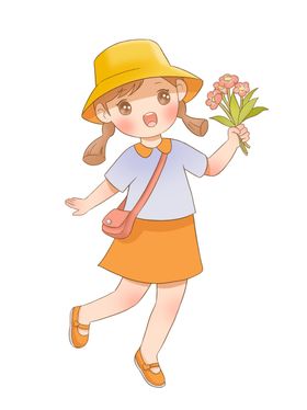 春游戴草帽女孩手拿鲜花踏春