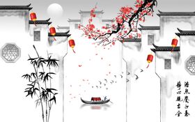 水墨徽派房子背景墙