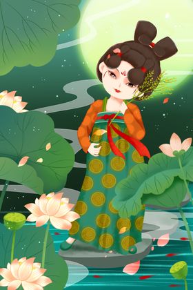 唐风少女夏夜在荷花池手绘插画