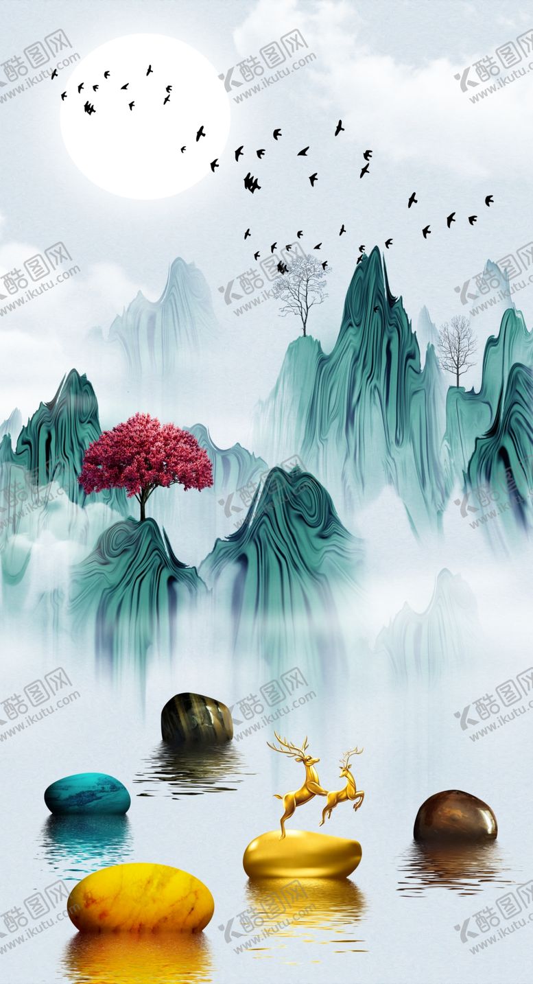编号：78977810242153544055【酷图网】源文件下载-石来运转山水玄关画