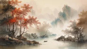 山水画河流花开小船墨
