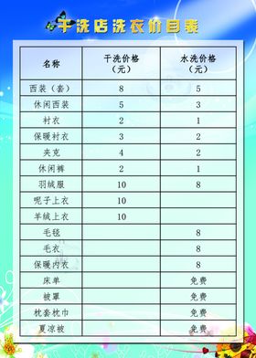 干洗店价目表