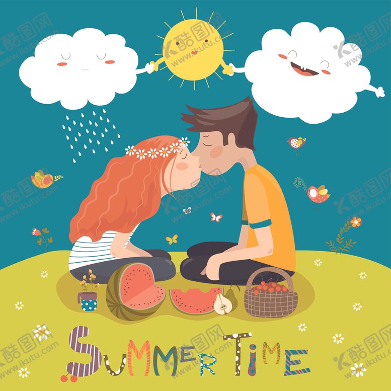 编号：49637210090010572774【酷图网】源文件下载-年轻情侣接吻创意漫画插图