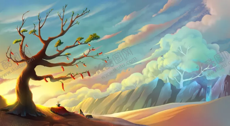 编号：67594309201649226668【酷图网】源文件下载-天空树木清新插画卡通背景素材