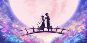 七夕情侣国风插画卡通背景素材