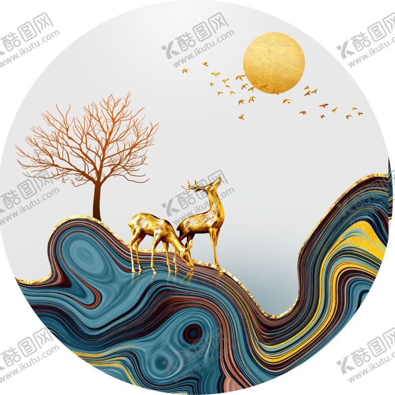编号：68135001170518575379【酷图网】源文件下载-麋鹿圆形挂画装饰画