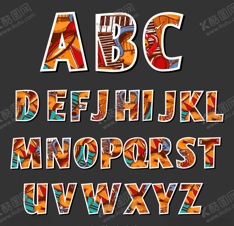 编号：41973209292312539109【酷图网】源文件下载-26个彩色乐器贴纸字母