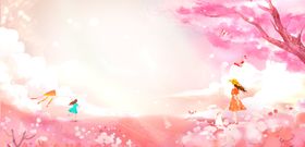 梦幻樱花下的童趣场景