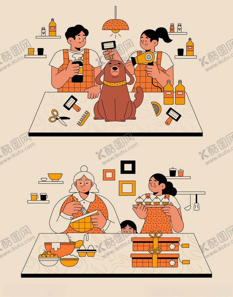 编号：64653403011242492959【酷图网】源文件下载-宠物美容与烹饪卡通插画