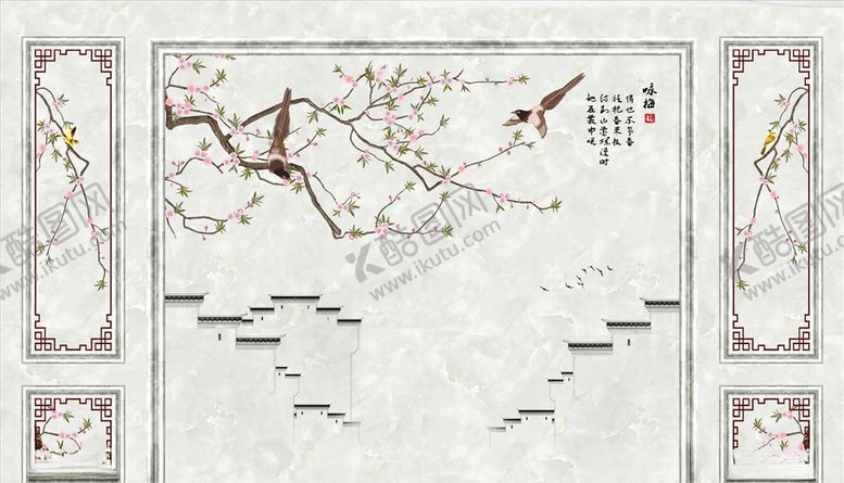 编号：83325606151612249155【酷图网】源文件下载-花鸟画梅花造型框框背景墙
