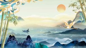 海上日出伴竹景中式画卷