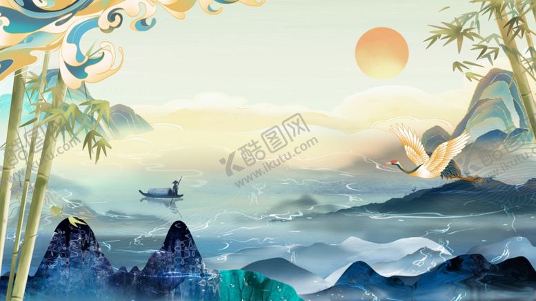 编号：31312411021249511904【酷图网】源文件下载-海上日出伴竹景中式画卷
