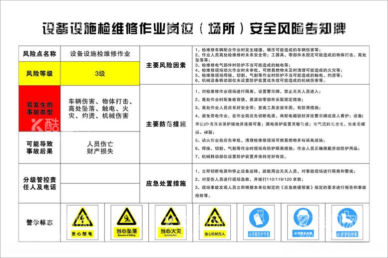 编号：49547812151926153445【酷图网】源文件下载-设备设施维修安全风险告知牌