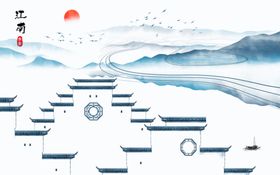 徽派山水玄关背景