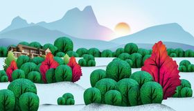 山水色彩清新插画卡通背景