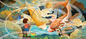 国潮古风中国风金色大气山水国画