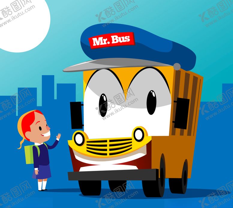 编号：74462909241844042048【酷图网】源文件下载-卡通大眼睛校车和女孩矢量图
