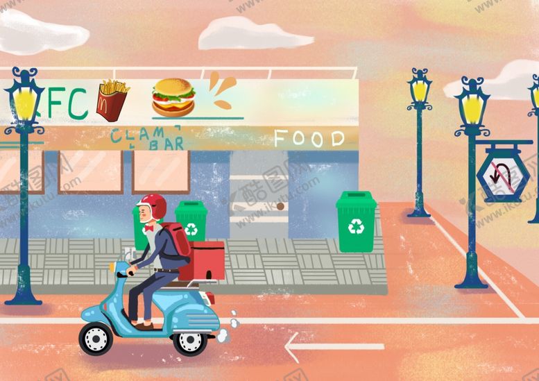 编号：49262409192023081247【酷图网】源文件下载-街头建筑骑手外卖插画背景素材