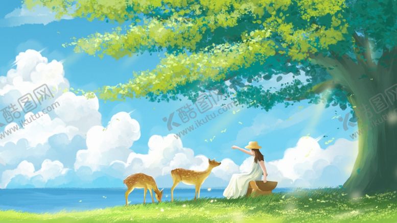 编号：59446307021522309284【酷图网】源文件下载-树下女子与小鹿的静谧时光