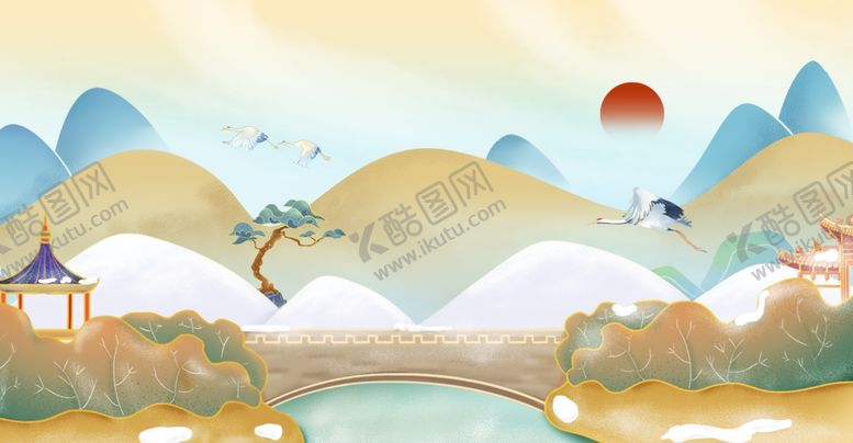 编号：29622105180722454332【酷图网】源文件下载-中式国潮山水工笔画背景