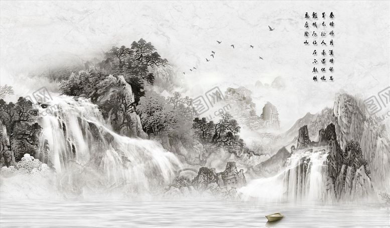 编号：19880205080226249024【酷图网】源文件下载-水墨山水小船背景墙