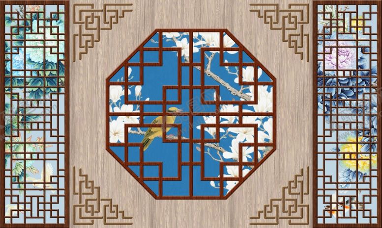 编号：70709709130307276539【酷图网】源文件下载-新中式花鸟复古木纹护墙板背景墙