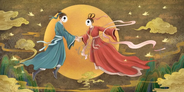 编号：52713809290905117150【酷图网】源文件下载-七夕牛郞织女相会唯美图