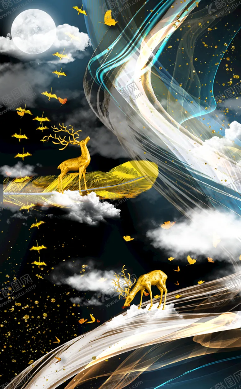 编号：68597409181206157316【酷图网】源文件下载-金色麋鹿山水装饰画