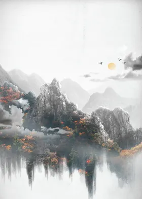水墨山水画抽象电视背景墙中国风