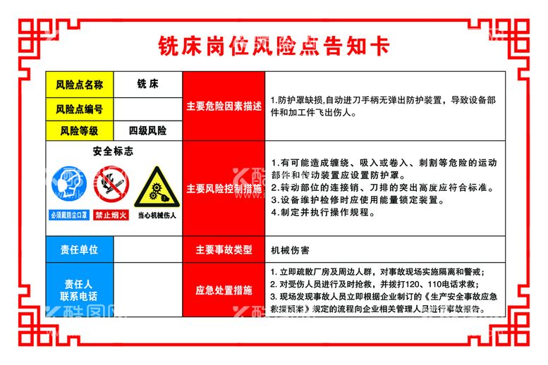 编号：44343410152033153220【酷图网】源文件下载-铣床岗位风险点告知卡 