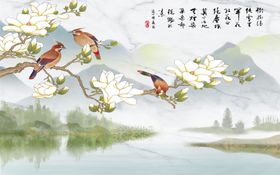 白玉兰花鸟画眉背景墙