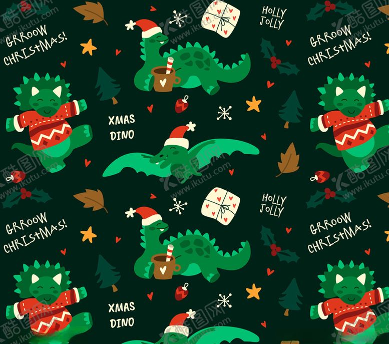 编号：30987910101303046986【酷图网】源文件下载-绿色圣诞恐龙无缝背景