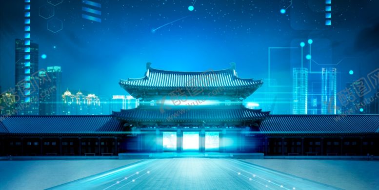 编号：28759707012229218034【酷图网】源文件下载-古风蓝色宫门城市光线光点背景