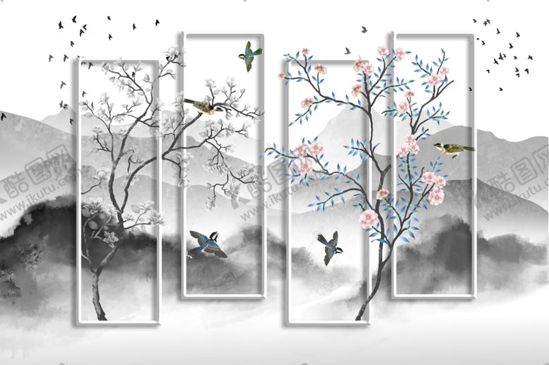 编号：97258007030832214401【酷图网】源文件下载-淡雅工笔花鸟山水背景墙