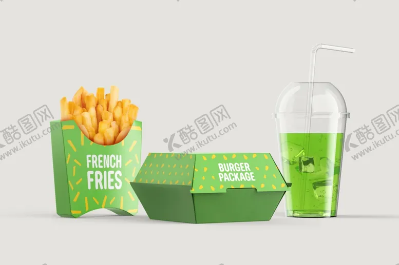 编号：57466904091755247290【酷图网】源文件下载-绿色薯条包装与饮料杯具