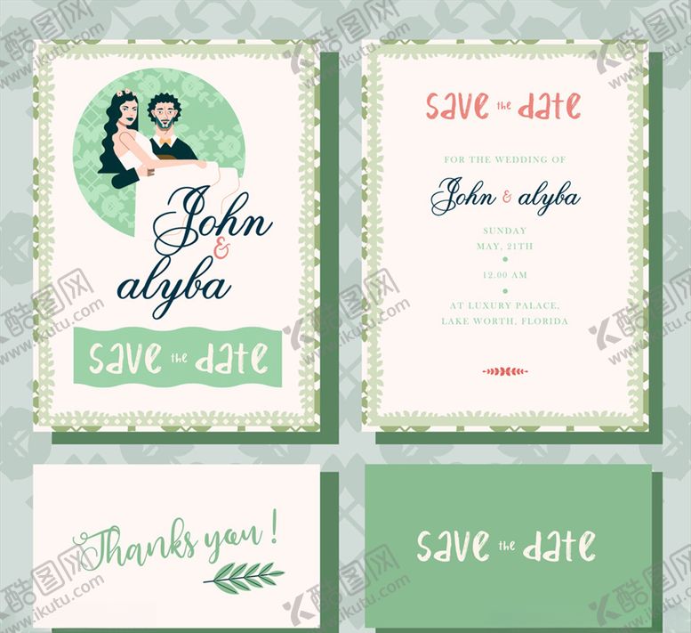 编号：79607010111810538690【酷图网】源文件下载-绿色婚礼邀请卡正反面