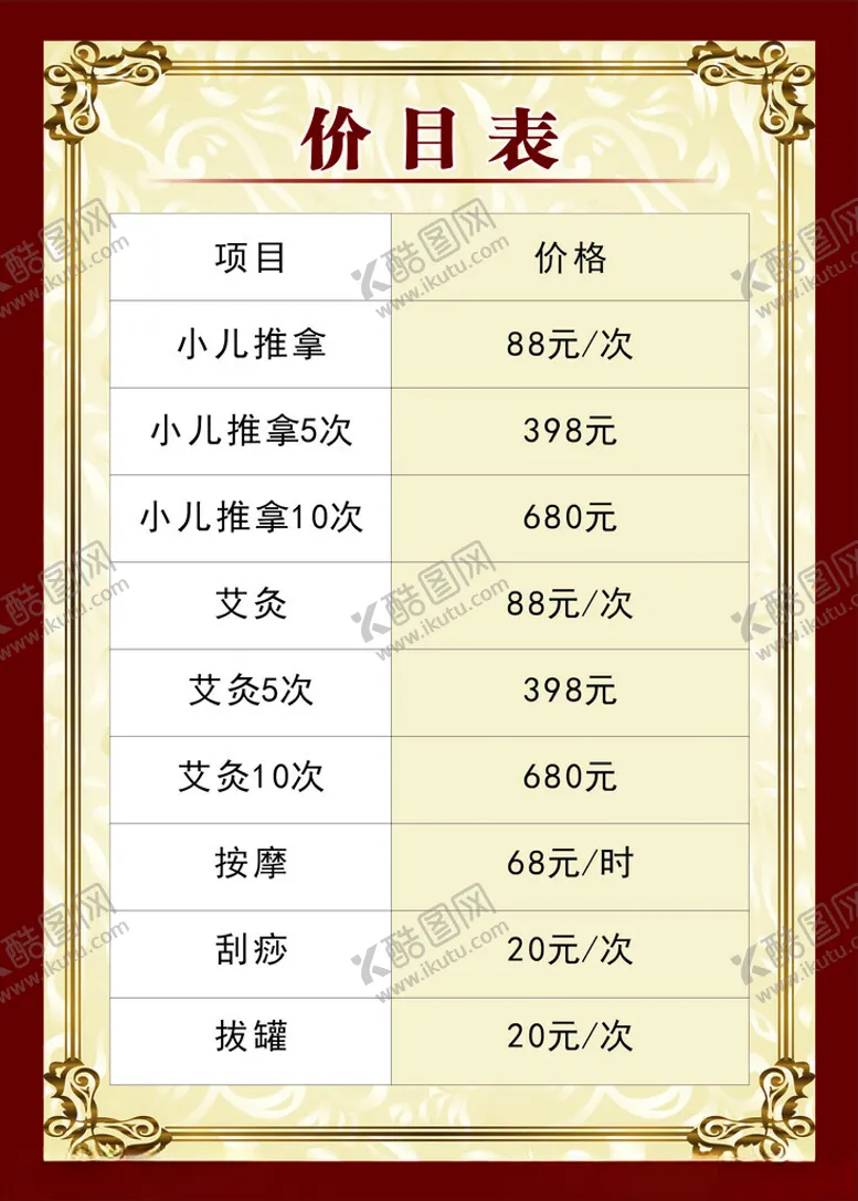编号：71398302190009198841【酷图网】源文件下载-小儿推拿价目表