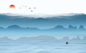 中式艺术太阳大海水